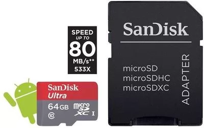 SanDisk MicroSDXC 64GB 80MB/s Class 10 + adaptér